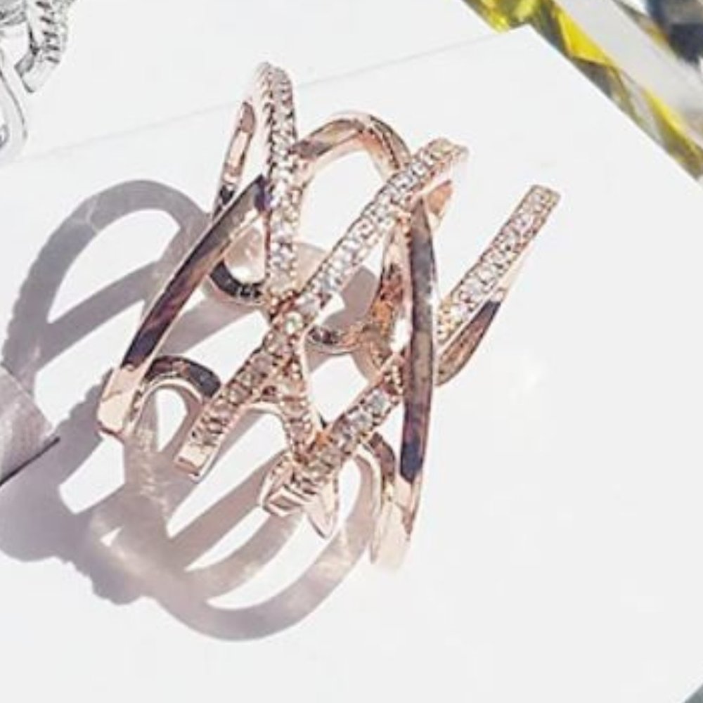 Criss Cross Rose Gold & Zircon Open Ring - NWOT